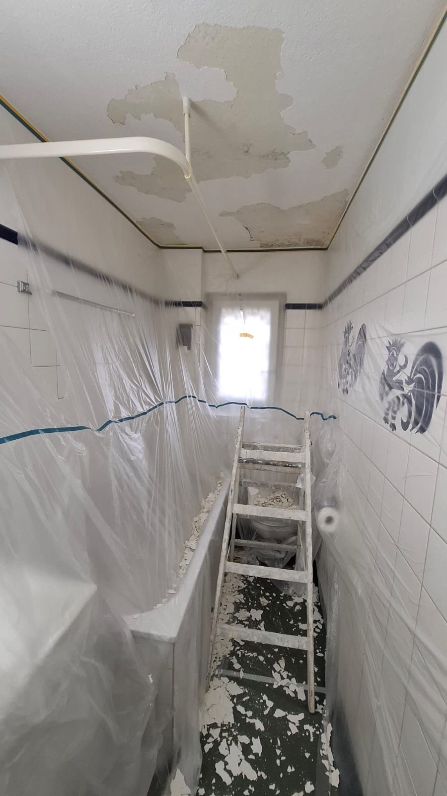 Vorher: beschädigte Badezimmerdecke mit Schutzabdeckung